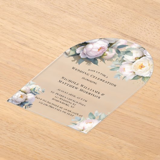 Soft White Peony with Eucalyptus Wedding アクリル招待状 (レイダウン)