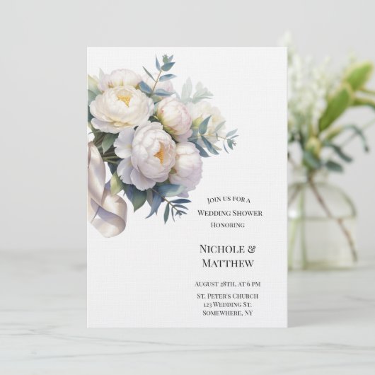 Soft White Peony with Eucalyptus Wedding Shower 招待状 (スタンド正面)