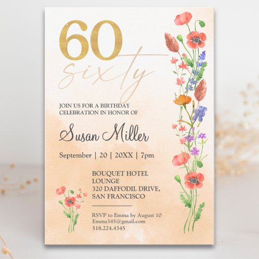 Soft Wildflower 60th Birthday For Her - 60 Years 招待状