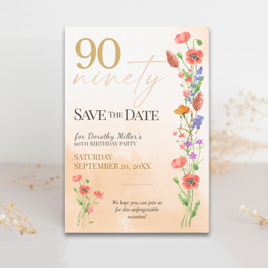 Soft Wildflower 90th Birthday for Her - Elegant セーブザデート