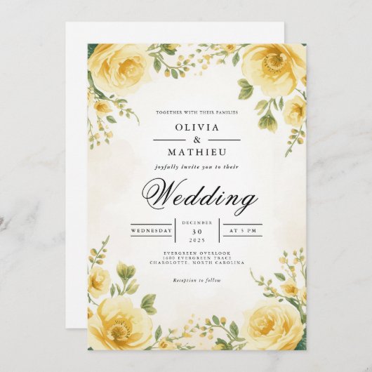 Soft Yellow Bloom Botanical Wedding 招待状 (正面/裏面)