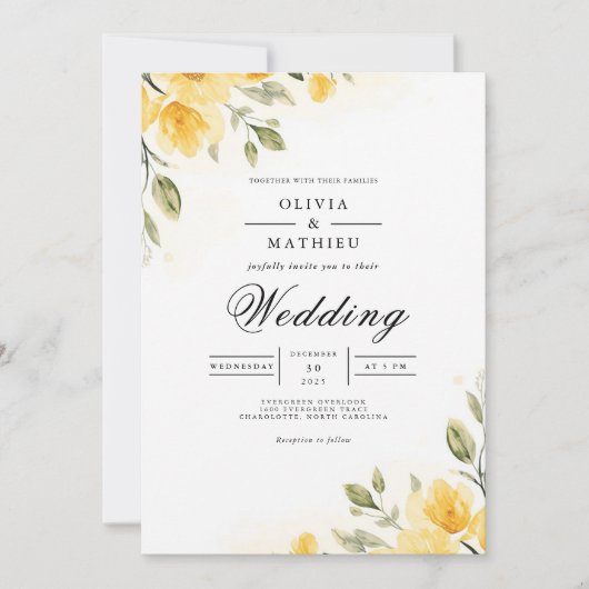 Soft Yellow Botanical Flourish Wedding 招待状 (正面)