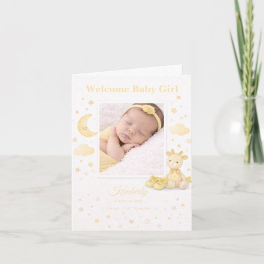 Soft Yellow Elephant Baby Girl Birth Announcement カード (正面)