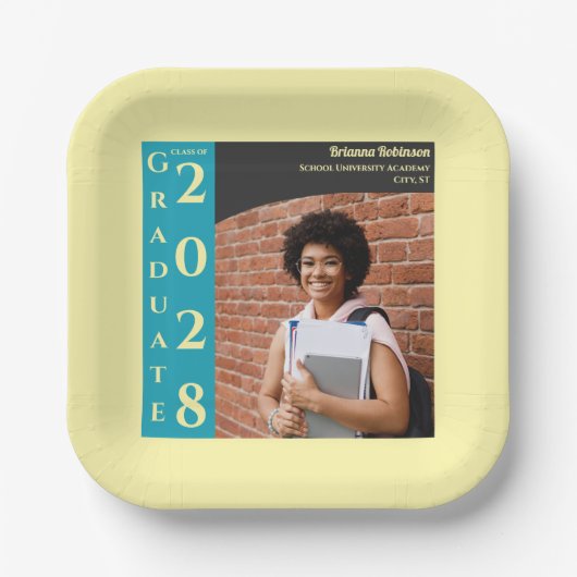 Soft Yellow Photo Modern Graduation Cap Party ペーパープレート (正面)