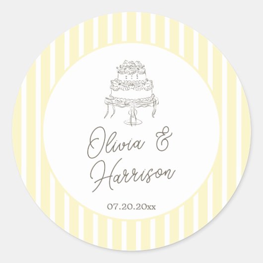 Soft Yellow Striped Elegant Wedding Sticker ラウンドシール (正面)