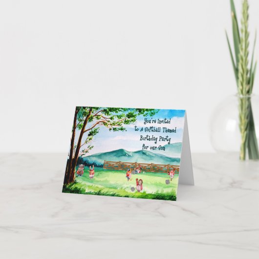 Softballをテーマにした息子の誕生日パーティー 招待状 (正面)
