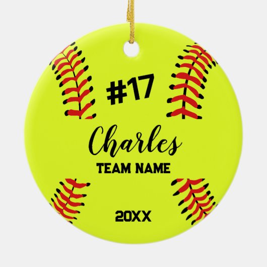 Softball Ball Player | Custom Name Number & Team セラミックオーナメント (裏面)