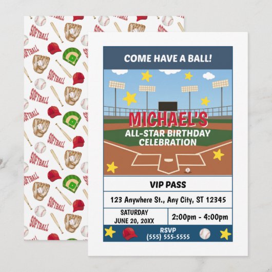 Softball Birthday Party Invitation 招待状 (正面/裏面)