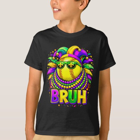 Softball Bruh Mardi Gras Jester Hat And Sungles  Tシャツ (正面)
