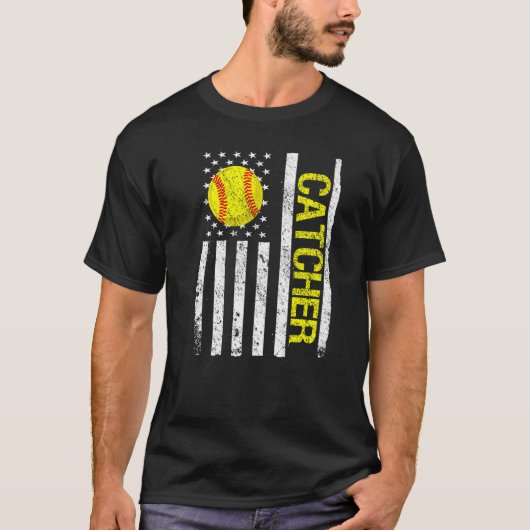 Softball Catcher American USA Flag Tシャツ (正面)