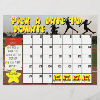 Softball Fundraiserカレンダー「Pick A Date」寄付 招待状