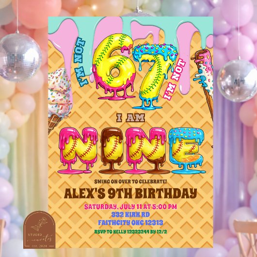 Softball Ice Ceam Drip Six Seven boy 9th Birt 招待状