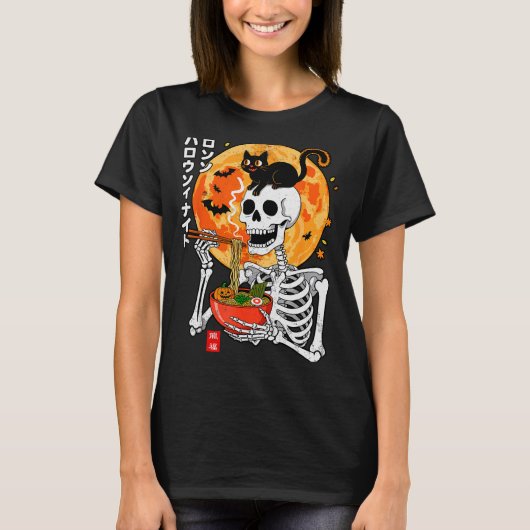 Soky Skeleton Eating Ramen Bowl With Cat Halloween Tシャツ (正面)