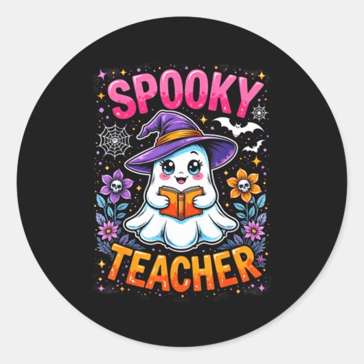 Soky Teacher Cute Ghost Reading Book Funny Hallo  ラウンドシール (正面)
