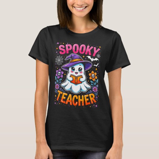 Soky Teacher Cute Ghost Reading Book Funny Hallo  Tシャツ (正面)