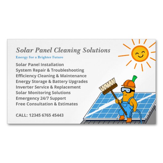 Solar Panel Cleaning Services Mascot Cartoon マグネット名刺 (正面)