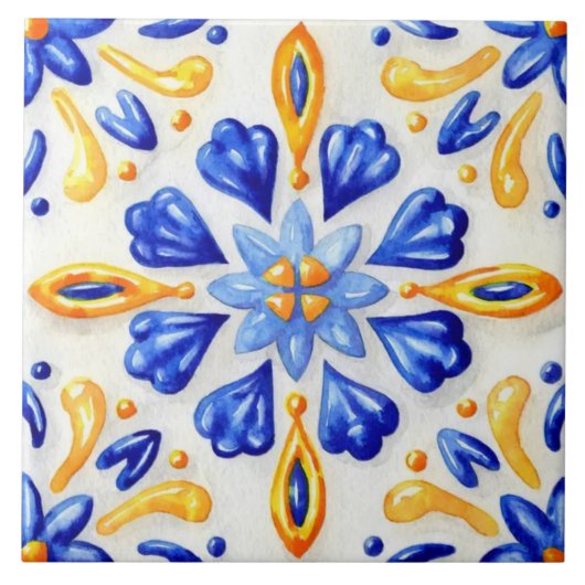 Solara Bloom Hand-Painted Sapphire and Amber タイル (正面)
