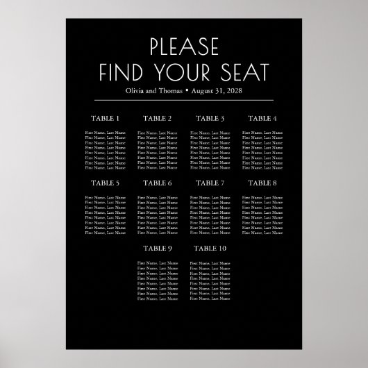Solid Black and White Modern Wedding Seating Chart ポスター (正面)