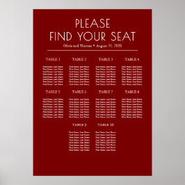 Solid Burgundy Red Modern Wedding Seating Chart ポスター