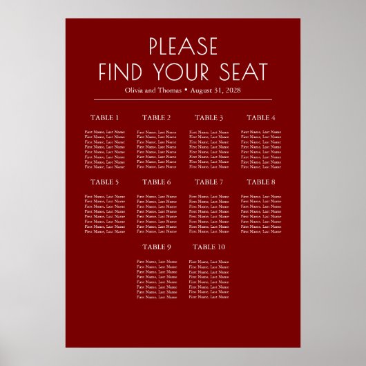 Solid Burgundy Red Modern Wedding Seating Chart ポスター (正面)