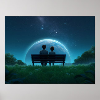 Solitary Man on Bench Watching Birds Black and Whi ポスター