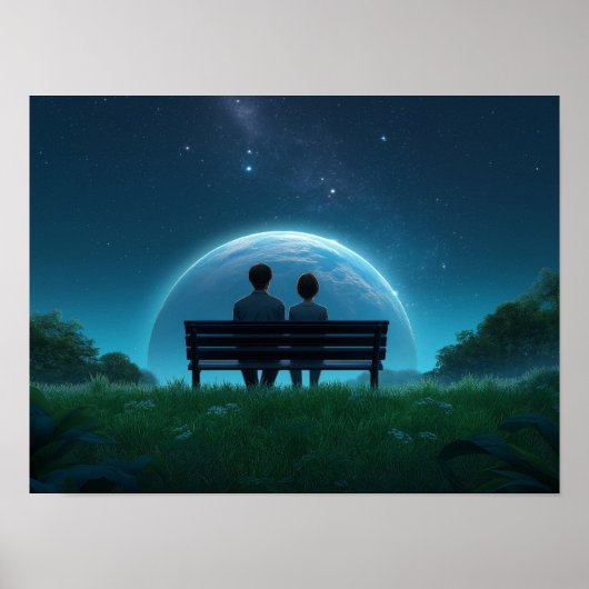 Solitary Man on Bench Watching Birds Black and Whi ポスター (正面)