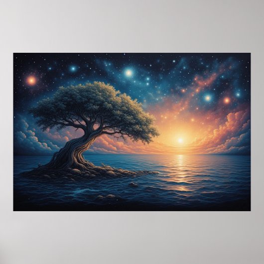 Solitary Tree on Ocean at Sunset 🌅 Starry Fantasy ポスター (正面)