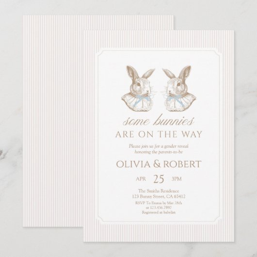 Some Bunnies Are On The Way Blue Bow Twin 招待状 (正面/裏面)