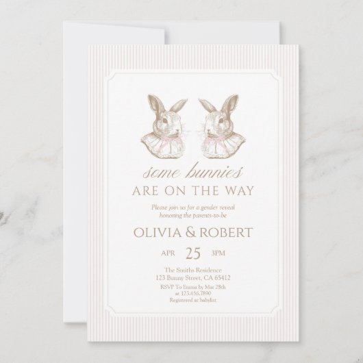 Some Bunnies Are On The Way Pink Bow Twin shower 招待状 (正面)