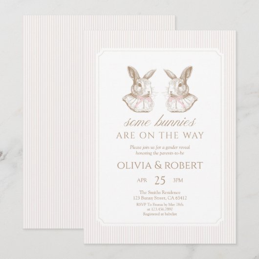 Some Bunnies Are On The Way Pink Bow Twin shower 招待状 (正面/裏面)