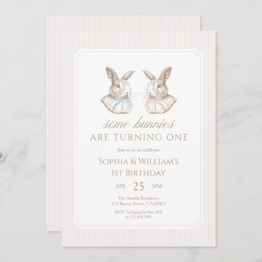 Some Bunnies Are Turning One siblings Birthday 招待状 (正面/裏面)