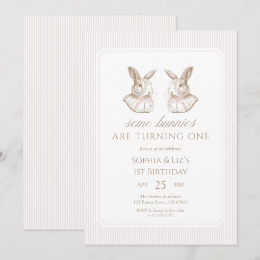Some Bunnies Are Turning One Twin Birthday 招待状 (正面/裏面)