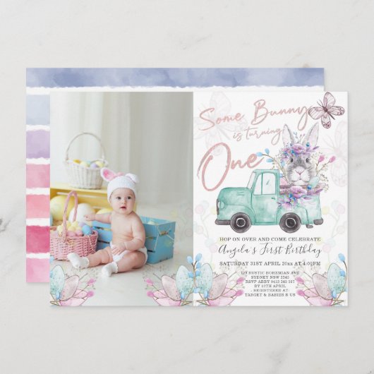 Some Bunnyが1つの春誕生日写真を回している 招待状 (正面/裏面)