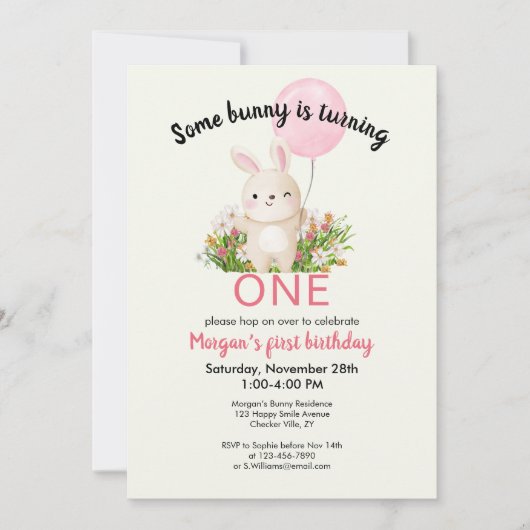Some Bunnyは一つのシンプルかわいい女の子1歳の誕生日 招待状 (正面)