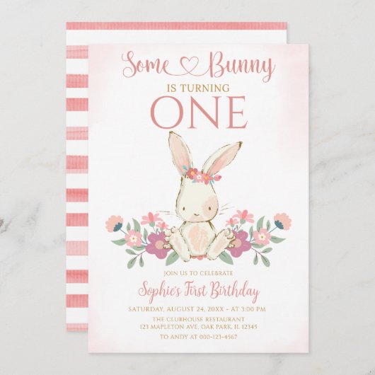 Some BunnyはOne Bunnyの最初の誕生日パーティー 招待状 (正面/裏面)