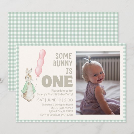 Some BunnyはONE First Birthday Partyの招待 招待状 (正面/裏面)