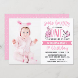 Some Bunny 1th Birthday Pink Cute Girl Photo 招待状
