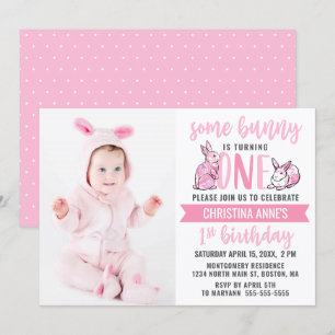 Some Bunny 1th Birthday Pink Cute Girl Photo 招待状