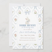 Some Bunny Blue Floral Stripe 1st Birthday 招待状 (正面)