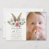 Some Bunny Ear Girl Pink 1st Birthday Photo 招待状 (正面)