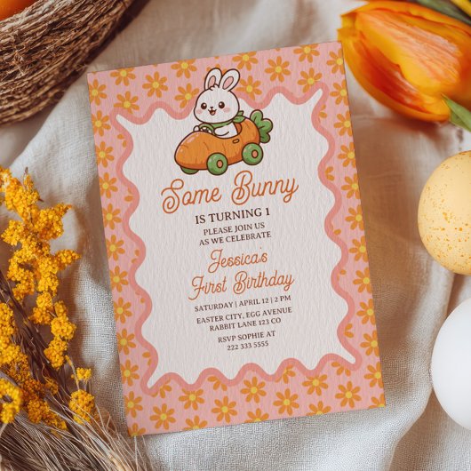 Some Bunny Easter Girl Floral 1st Birthday Party 招待状