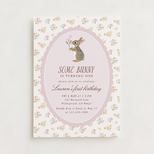 Some Bunny First Birthday Floral Invitation 招待状