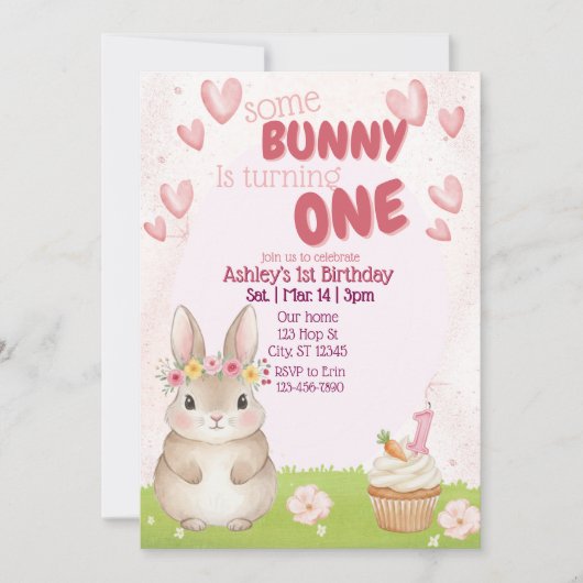 Some Bunny First Birthday, Pink Invitation 招待状 (正面)
