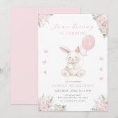 Some Bunny Floral Girl Pink Bunny Birthday 招待状 (正面/裏面)