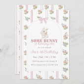 Some Bunny Floral Stripe 1st Birthday 招待状 (正面/裏面)