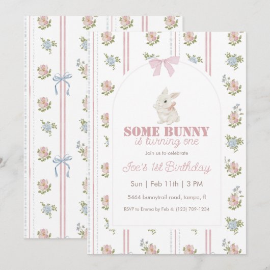 Some Bunny Floral Stripe 1st Birthday 招待状 (正面/裏面)
