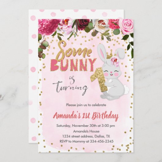 Some Bunny Girl 1st Birthday招待状と写真 招待状 (正面/裏面)