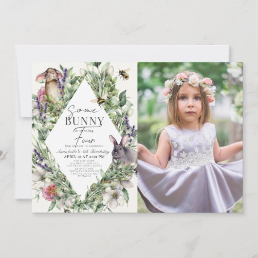 Some Bunny Greenery Rhombusの子供の誕生日写真 招待状 (正面)