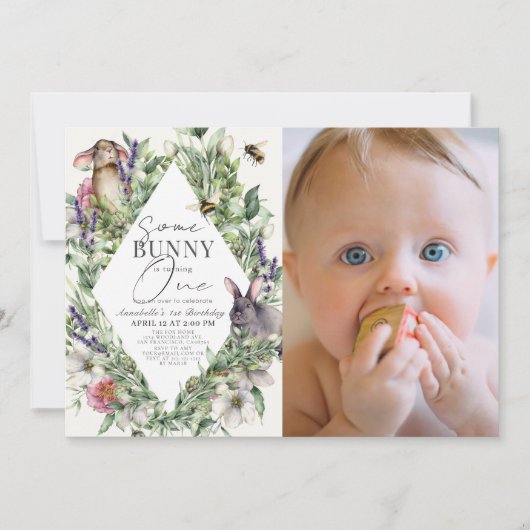 Some Bunny Greenery Rhombus 1st Birthday Photo 招待状 (正面)