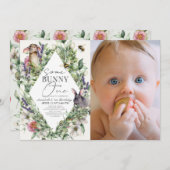 Some Bunny Greenery Rhombus 1st Birthday Photo 招待状 (正面/裏面)